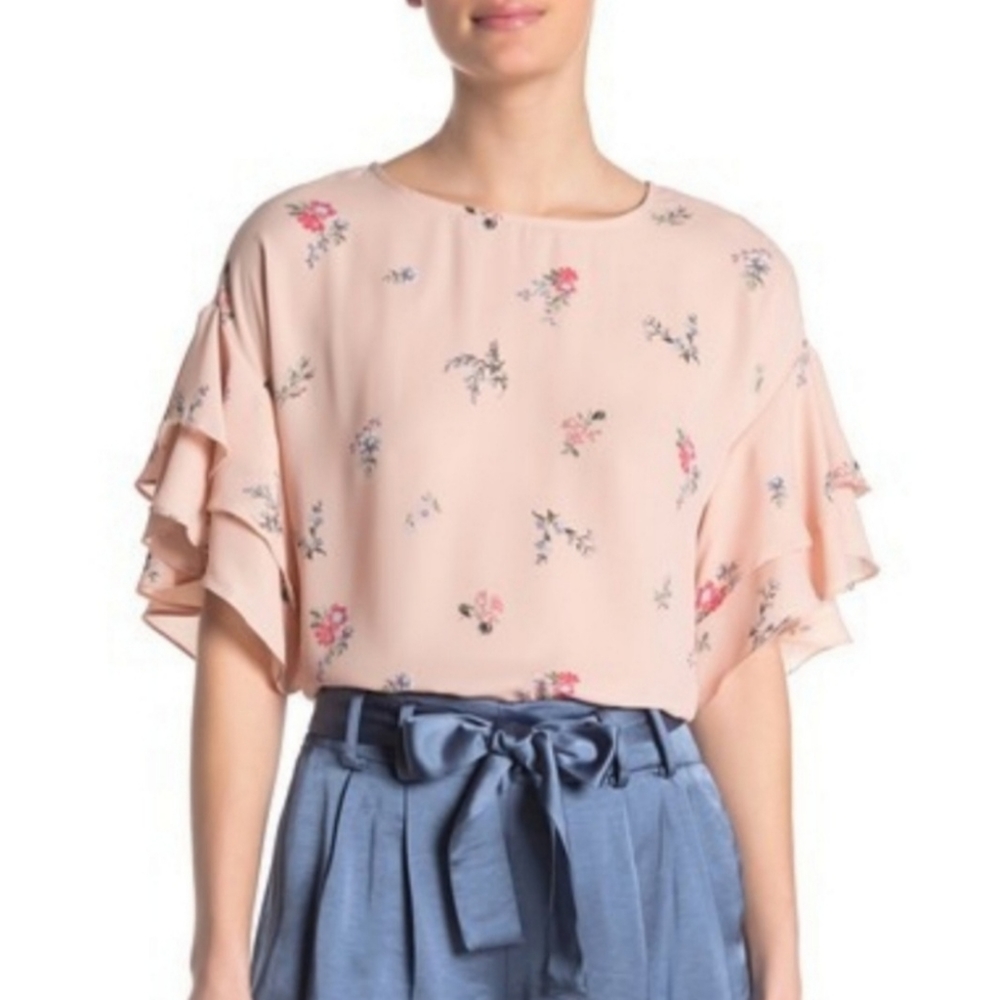 Vince Camuto Pink Floral Ruffle Sleeve Top NWT